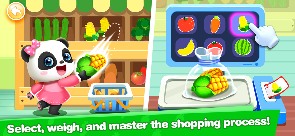 Baby Panda's Play-BabyBus - Miumiu panda weighing corn on a digital scale in a grocery store educational game for kids