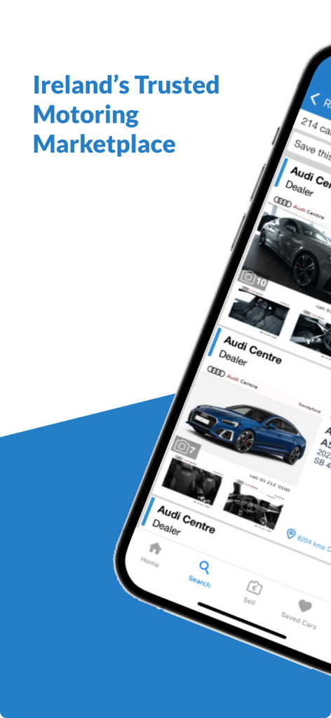 Carzone mobile app screen showing used car listings from dealerships in Ireland