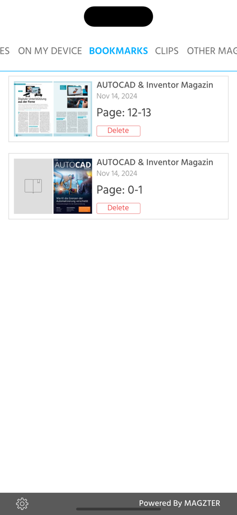 Lesezeichen-Bildschirm in der AUTOCAD und Inventor Magazin App, der gespeicherte technische Artikel anzeigt