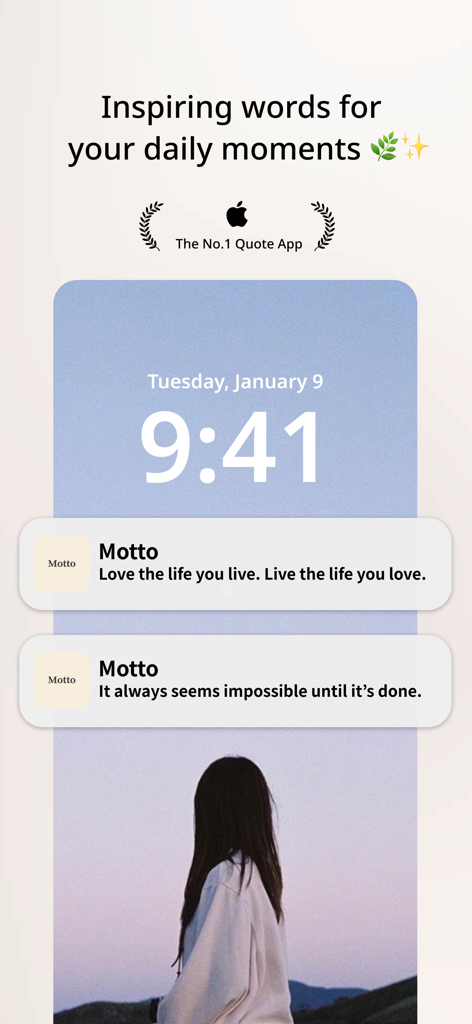 Motto - Daily Quotes - iPhoneのロック画面に、穏やかな背景とともにMottoアプリからの毎日のインスピレーション名言通知が表示されている様子