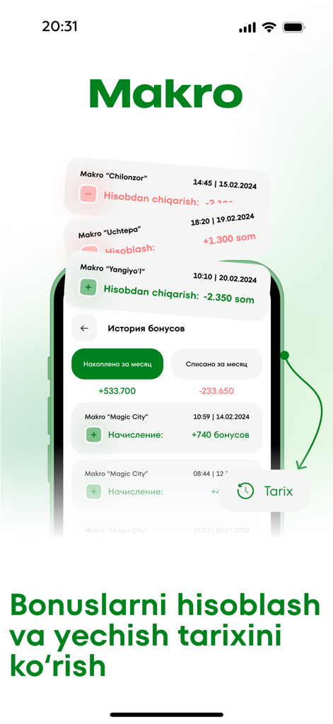 Interfaz de la app móvil Makro mostrando el historial de transacciones y bonificaciones de lealtad ganadas.