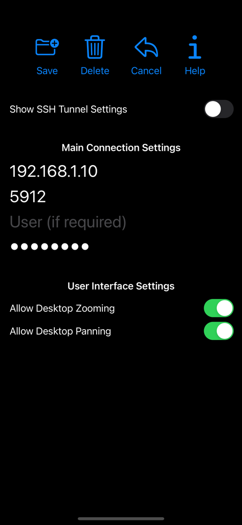 aRDP Pro - RDP Remote Desktop - aRDP Pro app connection settings screen with IP and UI options