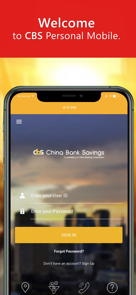 CBS Personal Mobile App - CBS Personal Mobile App login screen with user ID and password fields
