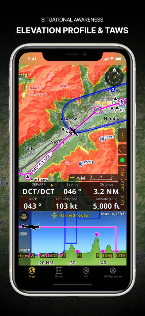 Air Navigation Pro - Air Navigation Pro screenshot showing elevation profile and terrain awareness warning system.