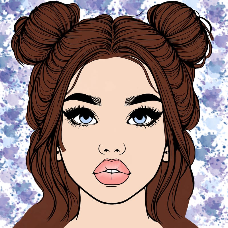 realistic girl with two buns on her hair and lips