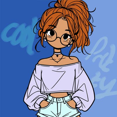 girl with a messy ponytail glasses a baggy crop top and jean shorts