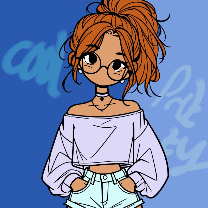 girl with a messy ponytail glasses a baggy crop top and jean shorts