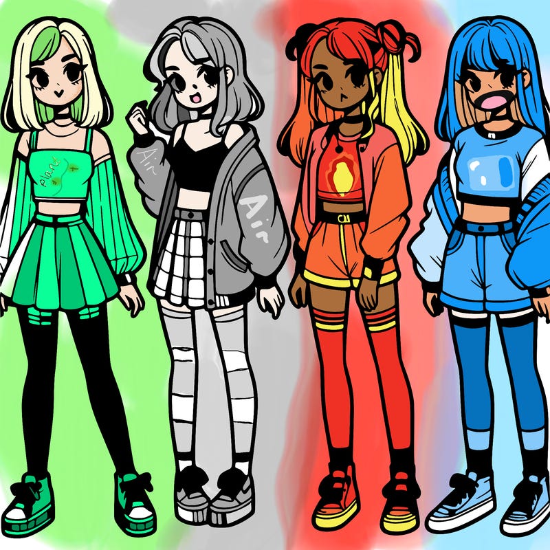 one girl with crop-top shirt and a jacket with a skirt, long socks and another girl with a shirt and pants with a jacket