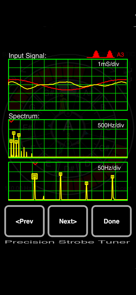 Interfaz técnica de la aplicación Precision Strobe Tuner que muestra gráficos del osciloscopio de la señal de entrada y el análisis del espectro de frecuencia