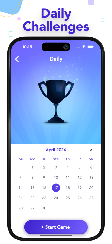 A mobile phone screen showing the Sudoku app Daily Challenges calendar with a trophy.