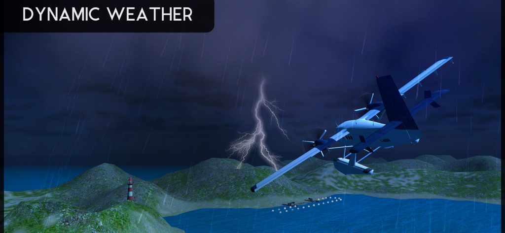 Avion Flight Simulator ™ - A Twin Otter aircraft flying through a thunderstorm with lightning in Avion Flight Simulator.