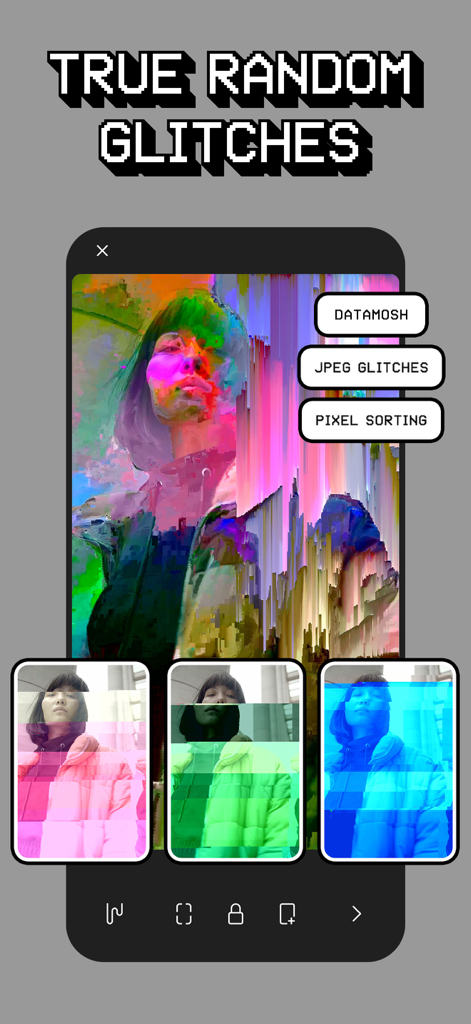 Interface of the Glitche app showing datamoshing and pixel sorting effects on a portrait