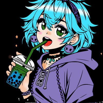 hot baddie anime girl drinking boba and biting the straw