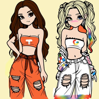 2 girls in crop tops and baggy jeans ripped