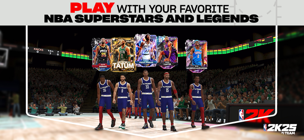 NBA 2K25 MyTEAM screen showing a dream team lineup of NBA superstars and legends