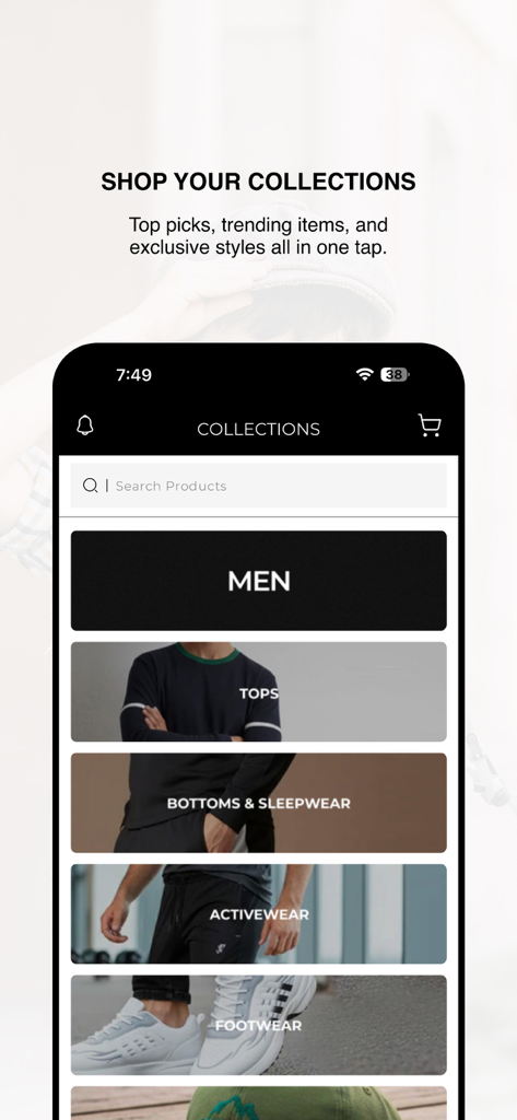 elo Shopping App - elo Shopping App zeigt Herrenbekleidungskategorien wie Oberteile, Sportbekleidung und Schuhe an