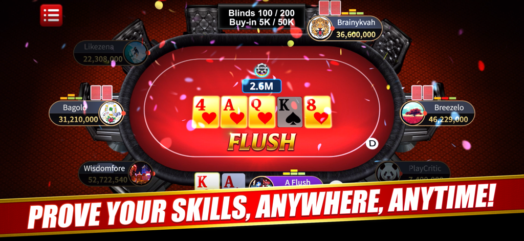 Dragon Ace Casino - Poker - A winning heart flush hand on a professional Texas Holdem poker table with falling confetti