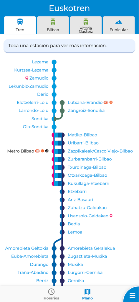 Euskal Tren, Metro y Tranvía - Mapa interactivo que muestra las líneas y estaciones de tren de Euskotren y Metro Bilbao