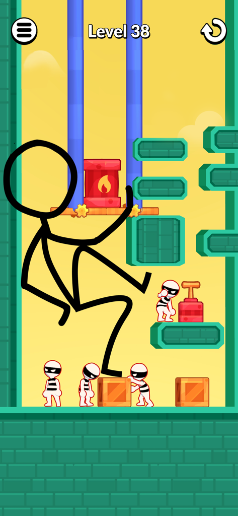 Draw Hero 3D: Fun Puzzle Games - A physics based puzzle game level where a player drawn stickman interacts with bandits and barrels