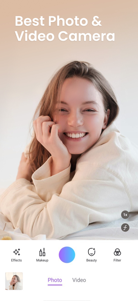 Vivid Glam Video/Photo Retouch - 写真と動画編集ツールを備えたビューティカメラを表示するVivid Glamアプリのインターフェース