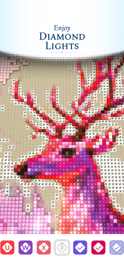 Diamond Painting: Antistress - Close up of a sparkling digital diamond painting showing a colorful deer head