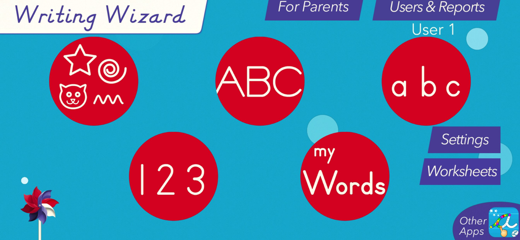 Main menu of the Writing Wizard app showing categories for tracing uppercase letters lowercase letters numbers and custom words