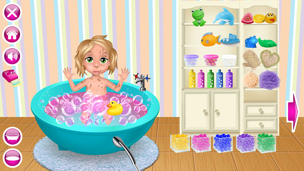 A baby character taking a bubble bath with various colorful toys and soaps