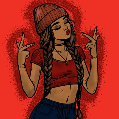 realistic teenage girl with braids and a beanie and crop top doing 🫶🏼