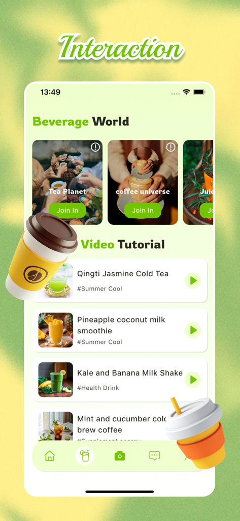 Jooka - Adult Chat & Discover - Interfaz de la aplicación Jooka que muestra comunidades del mundo de las bebidas y tutoriales en video de bebidas