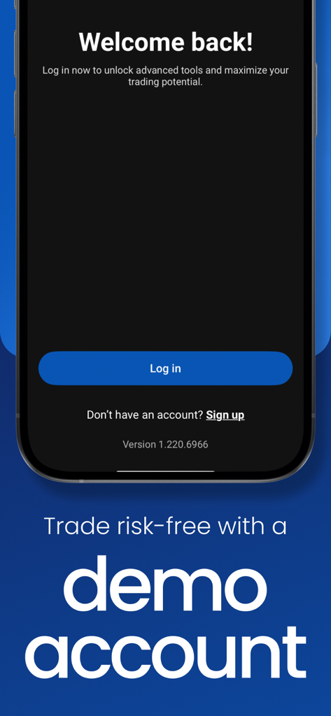 Schermata di accesso dell'app mobile FOREX.com con una call to action per negoziare senza rischi con un conto demo.