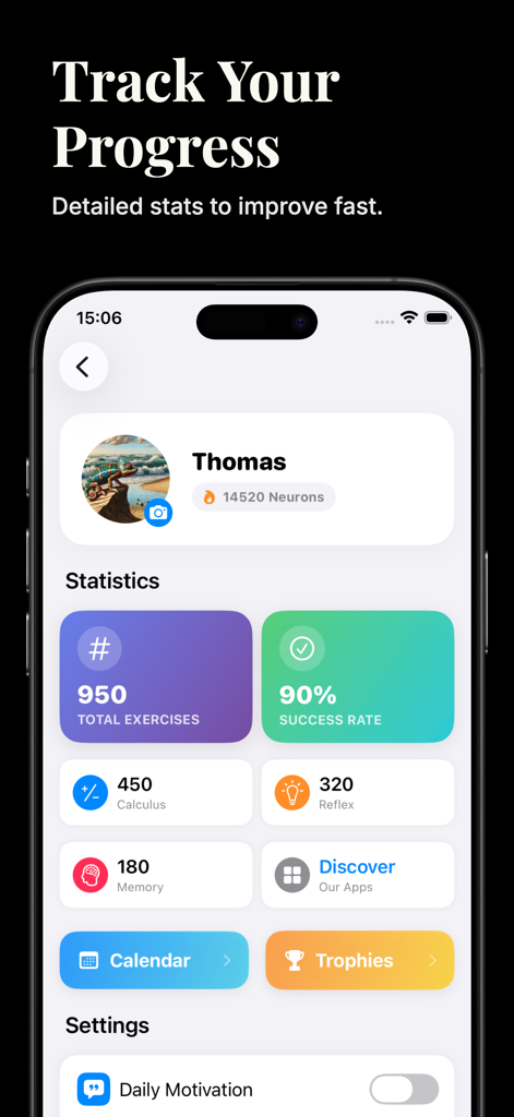 Brain Booster Pro app dashboard displaying user progress statistics including total exercises success rate and skill categories