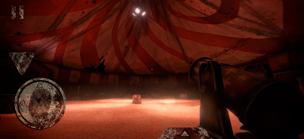 Inside a dark circus tent in the game Death Park Scary Horror Clown