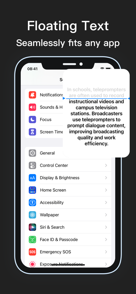 Floating Text - Teleprompter - A mobile phone screen showing a floating teleprompter script window overlaying another app interface.