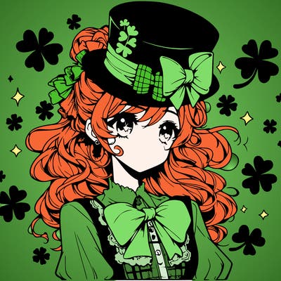 a manga-style girl with clovers around her, a little hat in her hair, like it's saint patrick's day