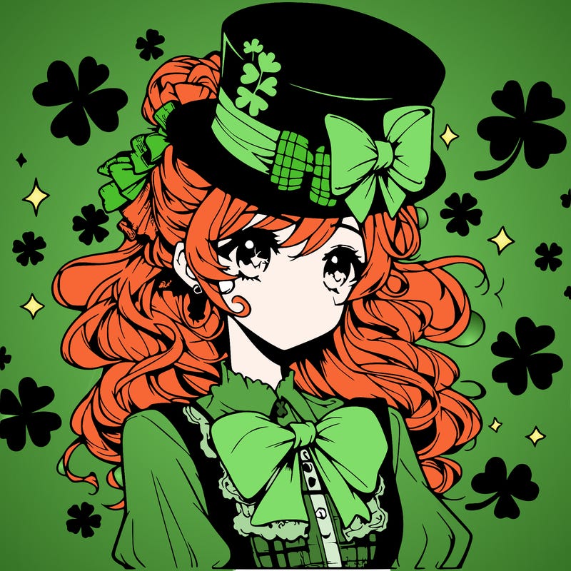 a manga-style girl with clovers around her, a little hat in her hair, like it's saint patrick's day