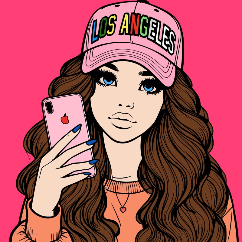 realistic beautiful girl wearing los ángeles cap holding an iphone