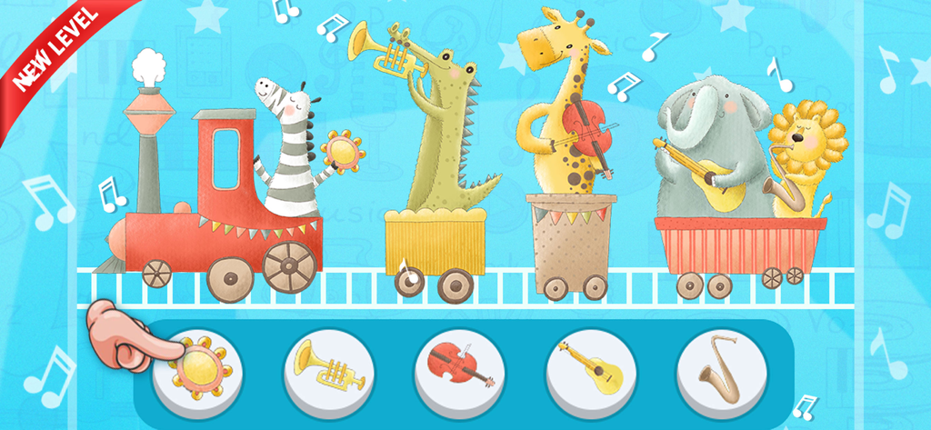 Musical Band! Play and Learn - Cartoon animals playing musical instruments on a colorful train in the Musical Band app