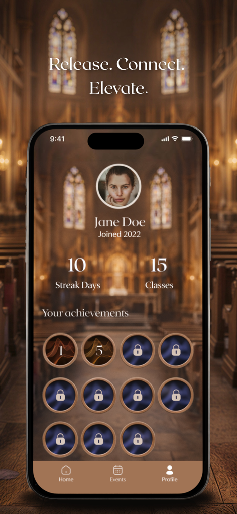 SANCTUM: Mind-Body Workout - The user profile screen of the Sanctum app showing workout streaks and achievements with a serene cathedral background