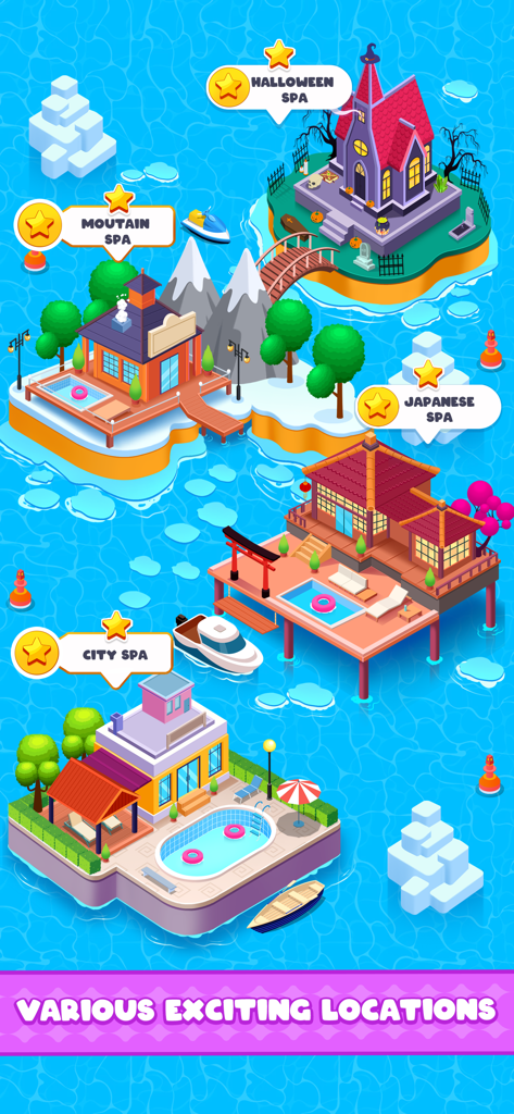 A menu showing various exciting spa locations in the Spa Empire tycoon game including Halloween and Japanese themes.