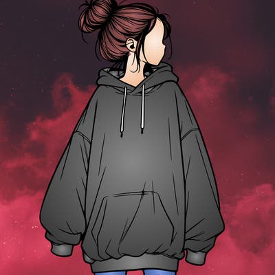 realistic girl with a oversized sweatshirt on and a bun