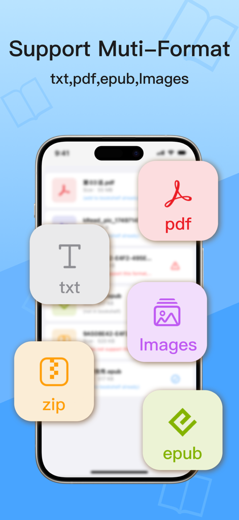 KRed Reader - スマートフォン画面に、PDF、TXT、EPUB、画像、ZIPなど、さまざまなファイル形式をサポートするKRed Readerが表示されている様子。