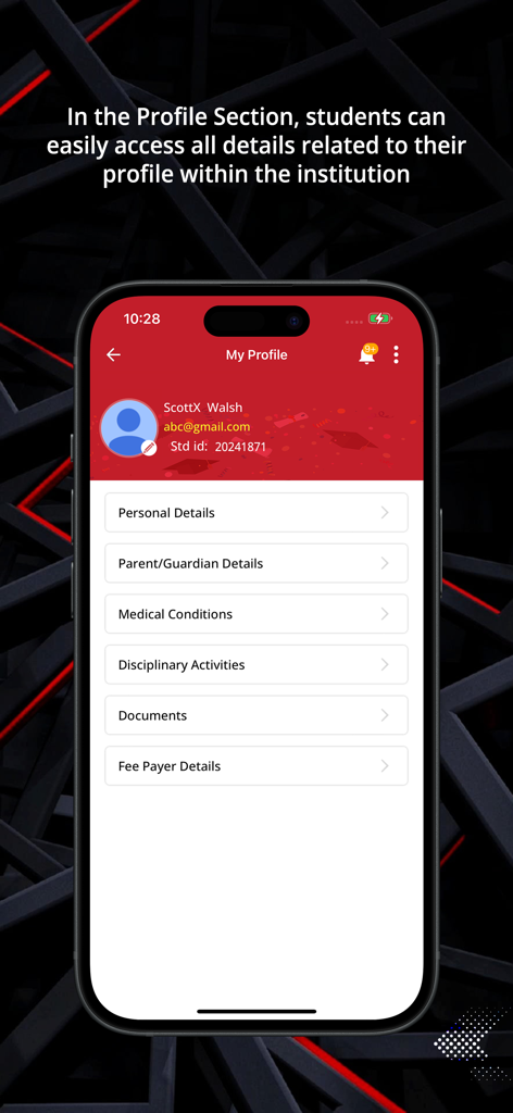 Academia @ IIT - IIT 아카데미아 앱의 학생 프로필 인터페이스. 개인 및 학업 정보 메뉴 옵션을 보여줍니다.