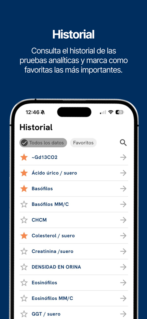 Écran de l'historique des analyses médicales dans l'application Laboratorio Echevarne affichant une liste des résultats de laboratoire.