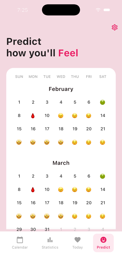 HerPulse – AI Period Tracker - HerPulse app screen displaying a monthly calendar with period tracking and mood prediction icons