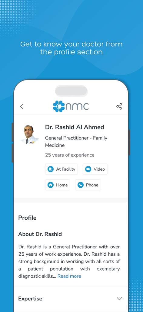 NMC - MyHealth - NMC MyHealth app screenshot showing a doctor profile page with specialty experience and booking options for Dr Rashid Al Ahmed