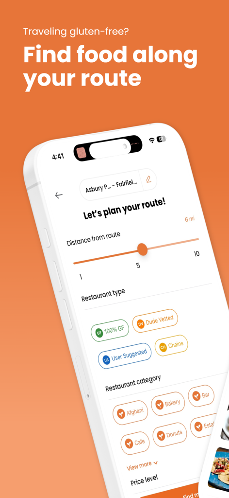 Gluten Dude app interface showing the driving trip planner with filters for safe gluten free restaurants along a route