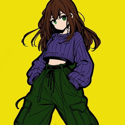 anime teen girl with baggy pants and crop top with sweater