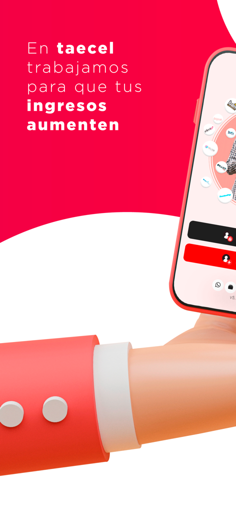 TAECEL - Main en 3D tenant un smartphone affichant l'interface de l'application TAECEL avec du texte en espagnol sur l'augmentation des revenus de l'entreprise