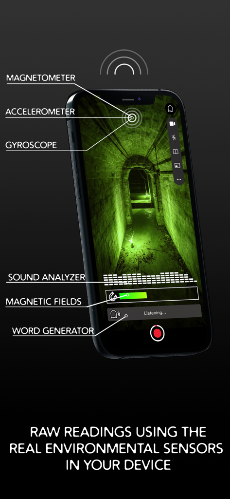 GhostTube App-Oberfläche, die echte Umweltsensordaten und Nachtsicht-Videos anzeigt.