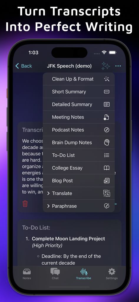 Auri AI Keyboard & Assistant - Auri AI app interface showing options to turn transcripts into summaries, meeting notes, blog posts, and essays.